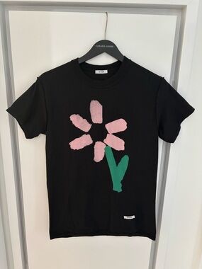 Black Short-Sleeve Tee with Pink Flower Graphic